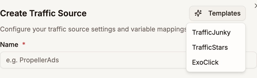 The Templates menu open in Create Traffic Source, listing TrafficJunky, TrafficStars, and ExoClick